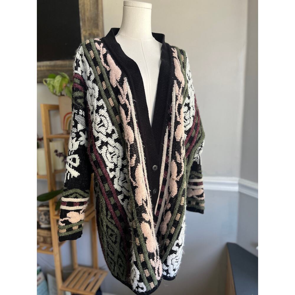 Vintage 90s Cardigan Sweater Floral Striped Coogi Style Aztec Size XL